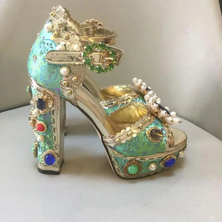 Jewel-Embellished Metallic Platform Sandals