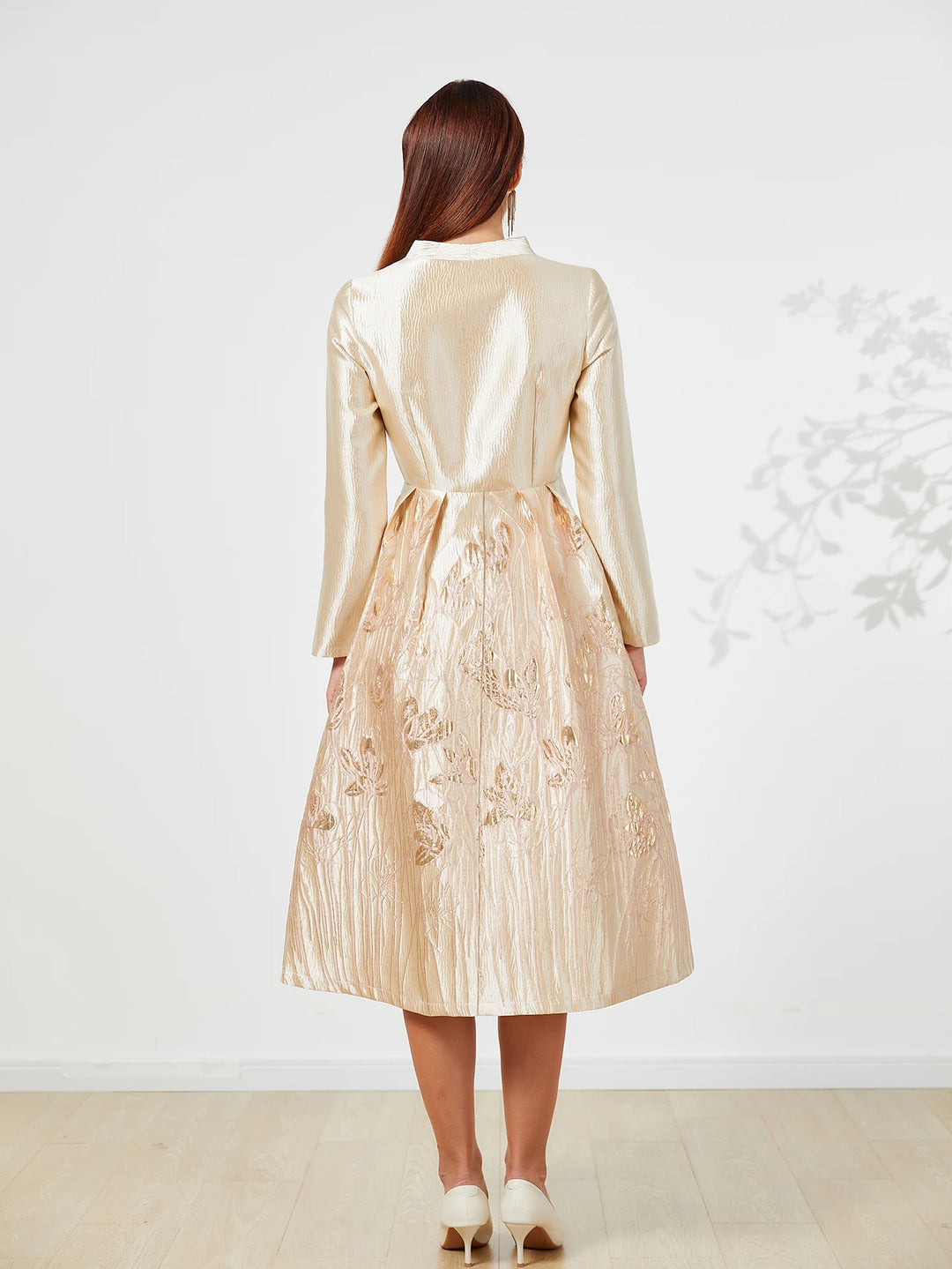 Luxurious Golden Jacquard Midi Skirt Dress