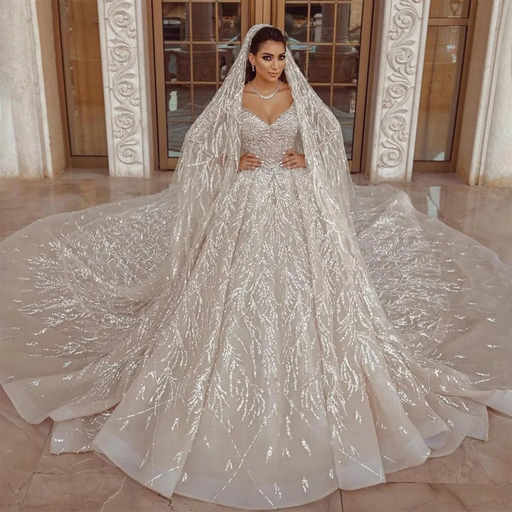 Glamorous Shiny Sequins Arabic Bridal Dress