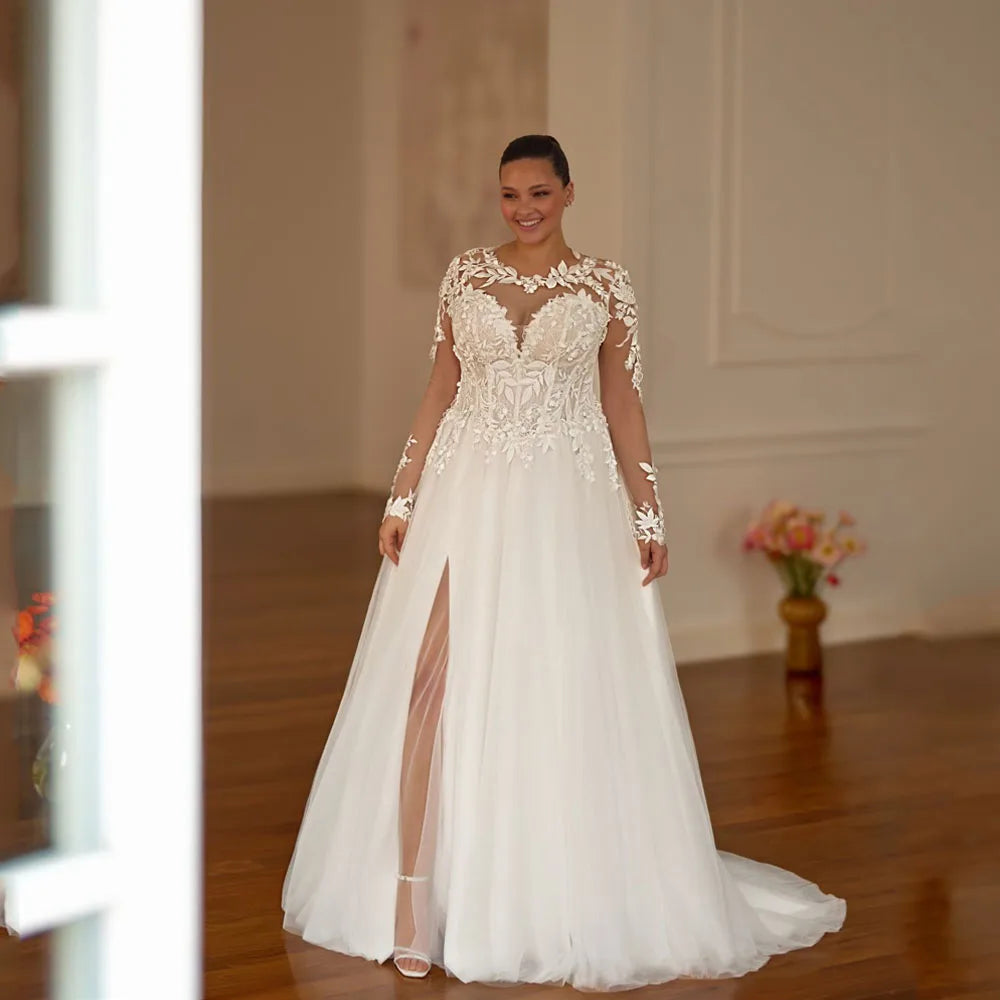 Off-shoulder lace bridal dress with long lace sleeves and full flowing skirt, white