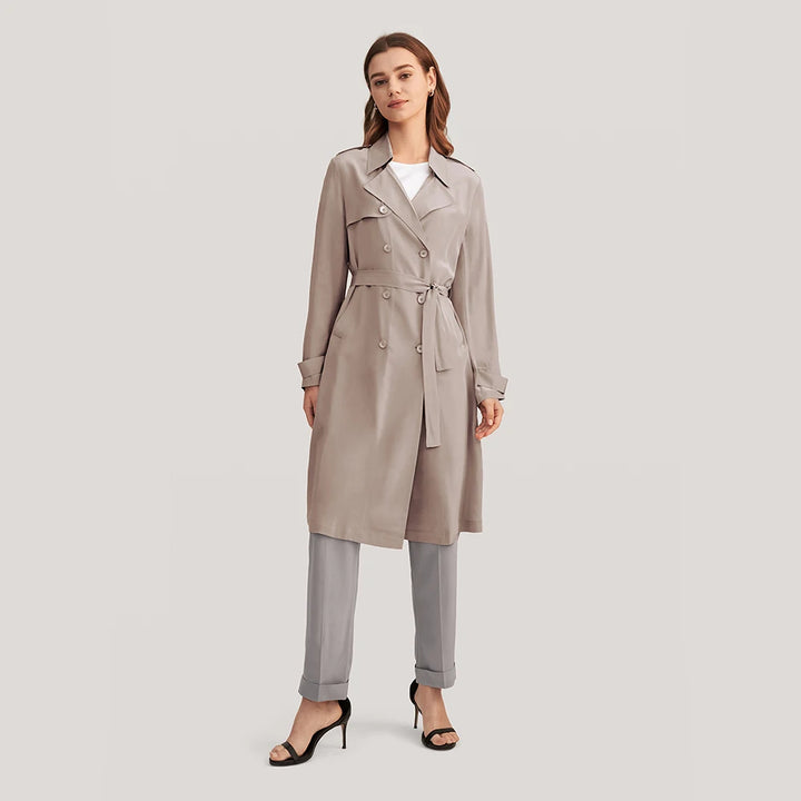 Classic Double-Breasted Silk Trench Coat