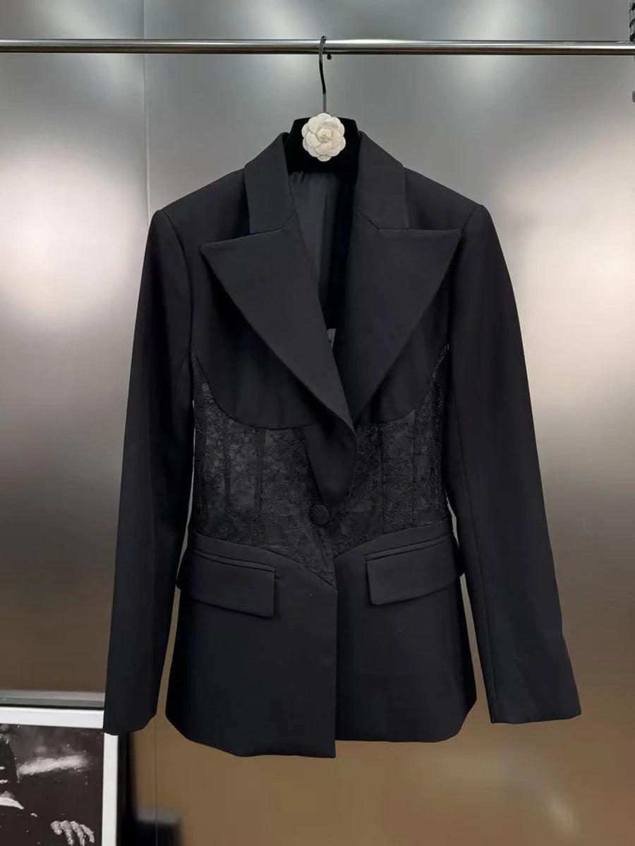 Black sheer lace panel blazer with notch lapels, front button closure, flap pockets