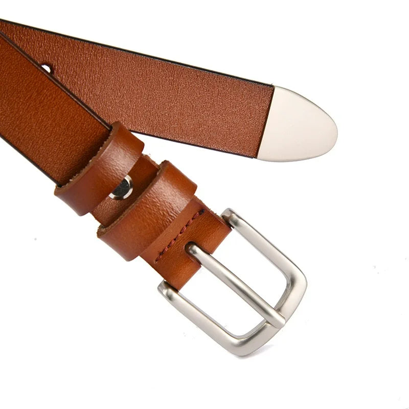 Brown genuine leather waist belt close-up with silver buckle and adjustable holes
