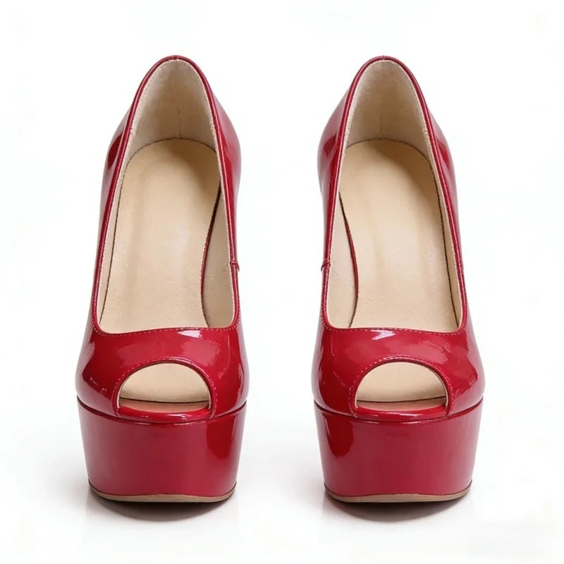 Red patent leather peep-toe platform high heel pumps, pair front view