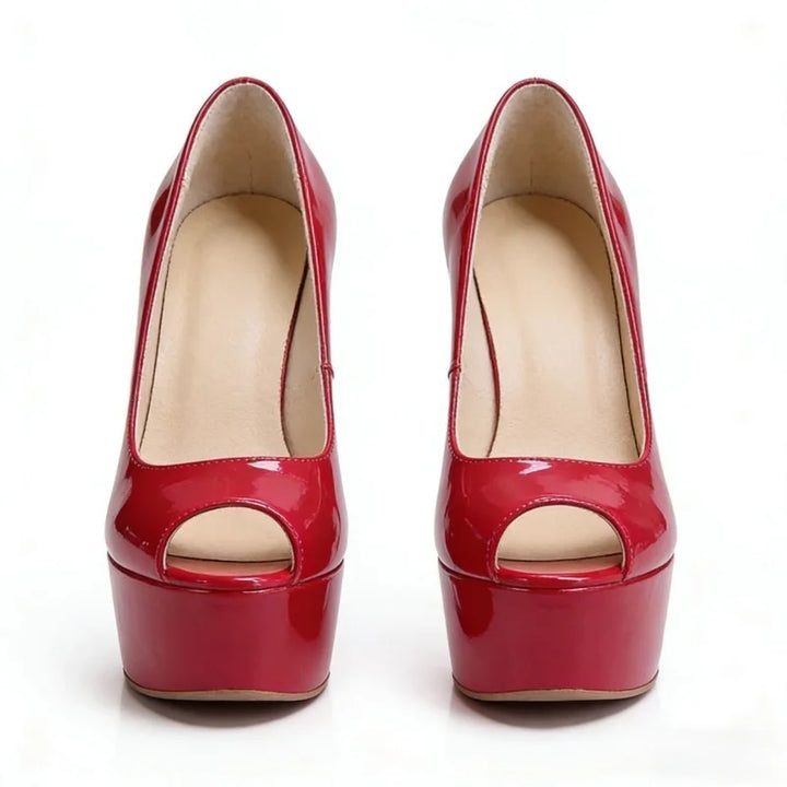 Red patent leather peep-toe platform high heel pumps, pair front view