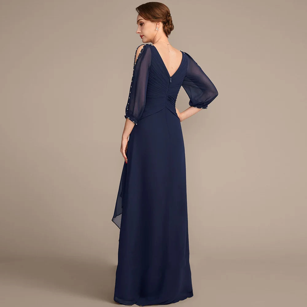 Navy chiffon V-neck formal gown, side view, draped waist and sheer 3/4 sleeves