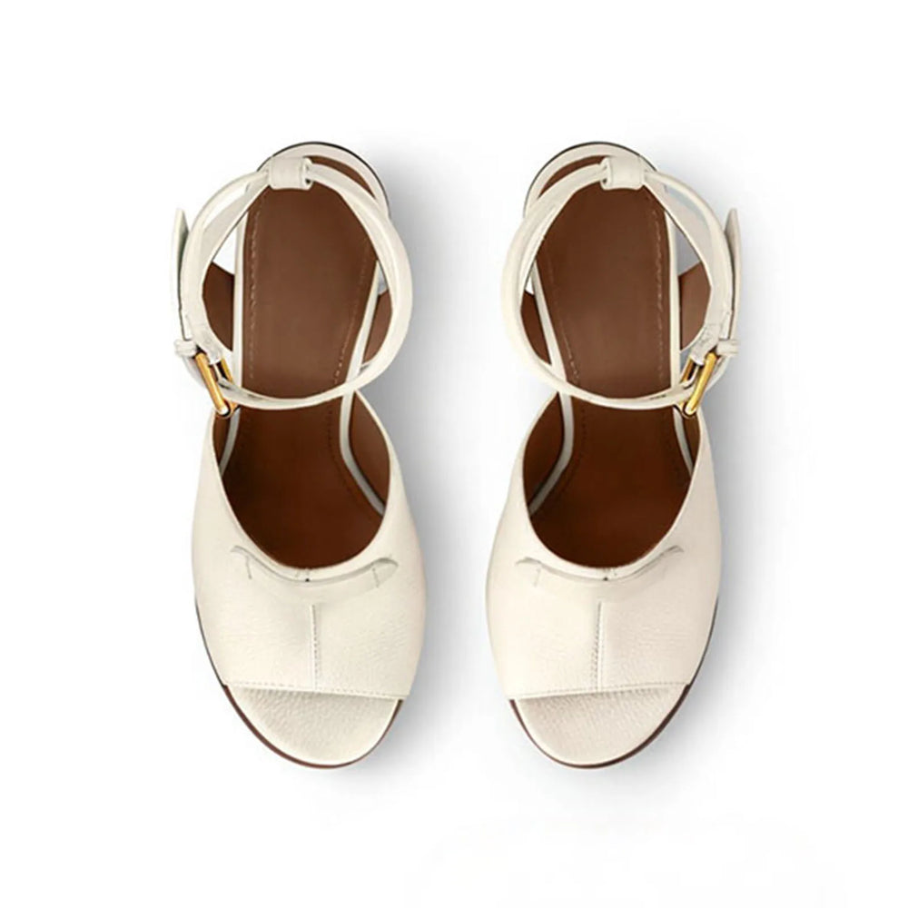 White women's chunky heel open-toe sandals with ankle strap and open toe front