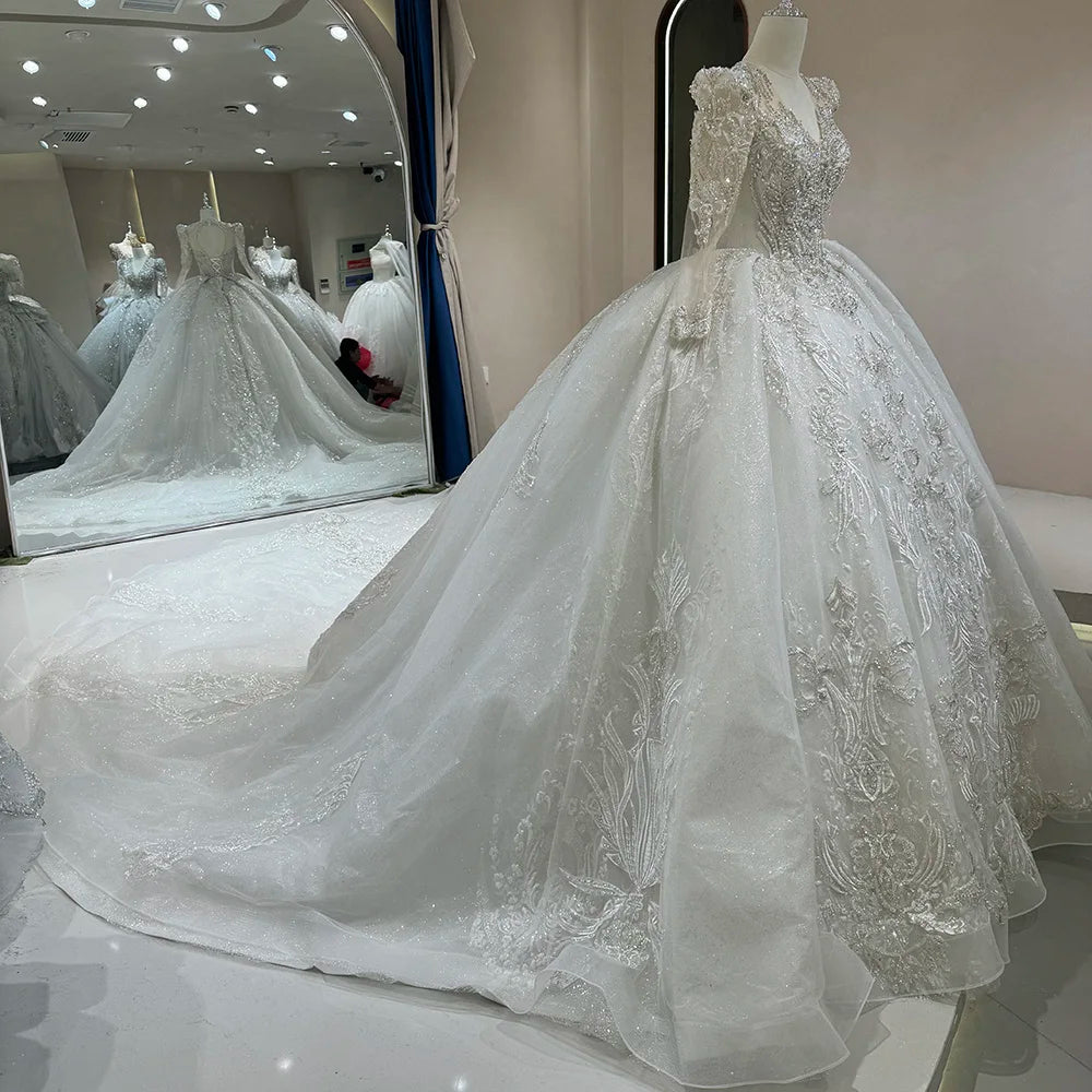 Superbe robe de mariée personnalisée à paillettes, manches longues, dos nu, vente en gros, DW0085