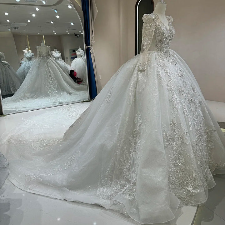 Superbe robe de mariée personnalisée à paillettes, manches longues, dos nu, vente en gros, DW0085
