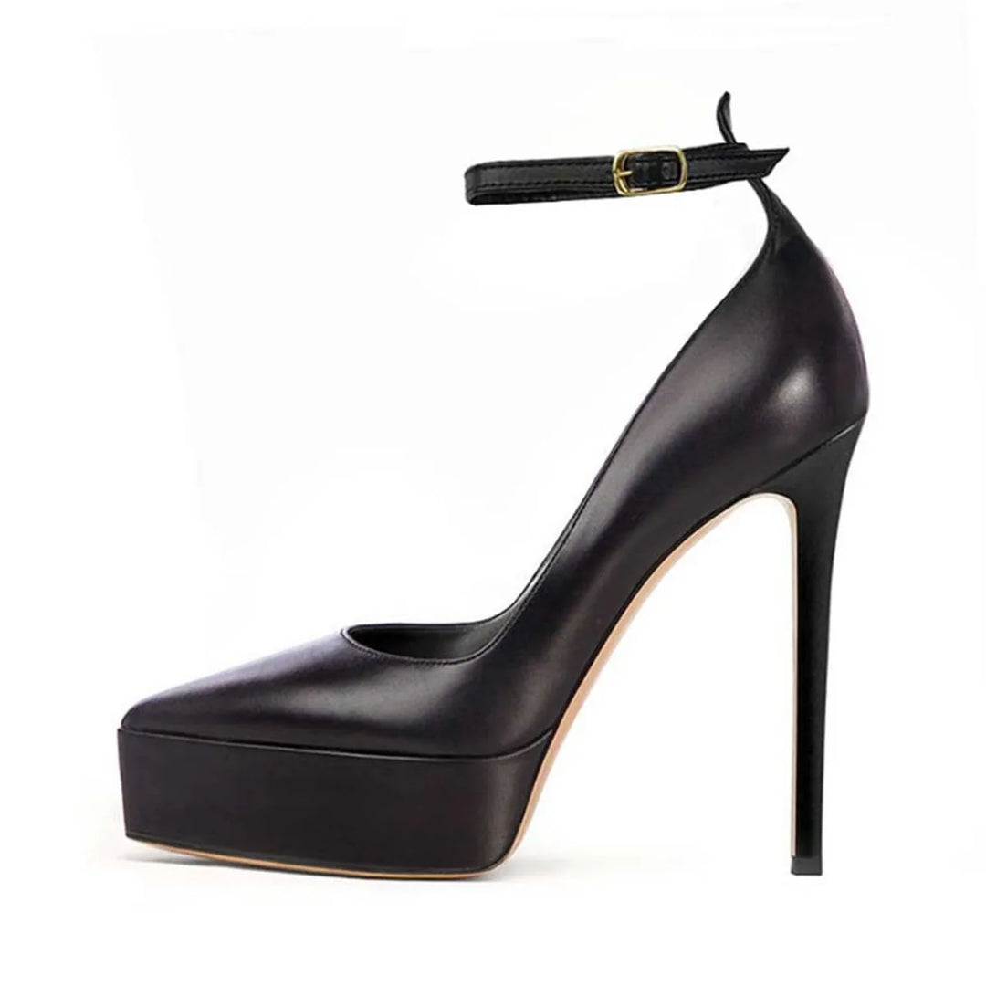 Women’s black high heel pumps with buckle ankle strap and platform sole