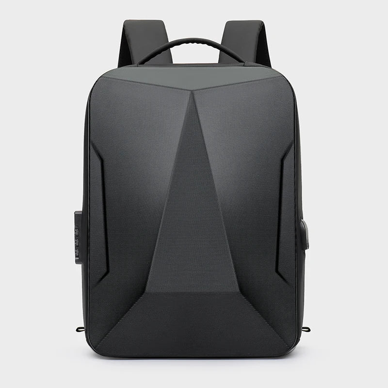 Hard shell expandable bag backpack, back view in black with center divider panel