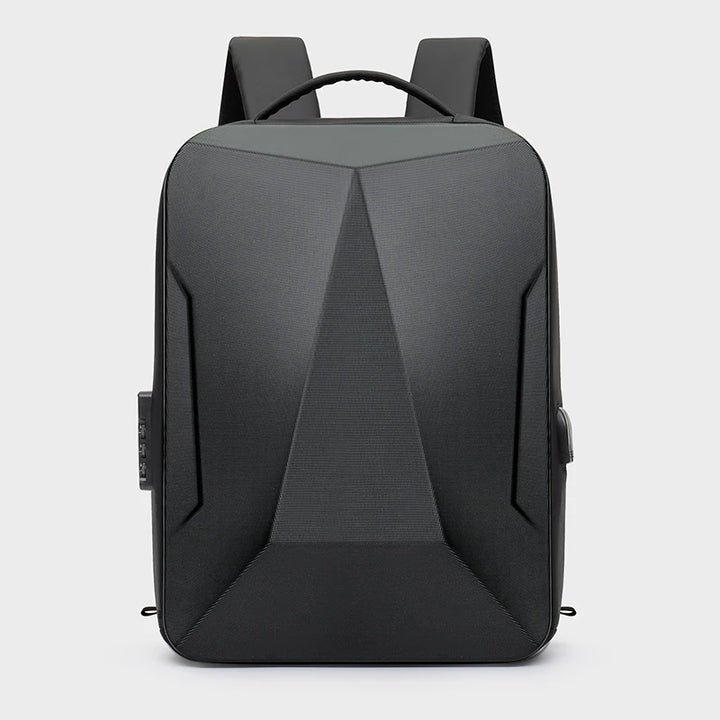 Hard shell expandable bag backpack, back view in black with center divider panel