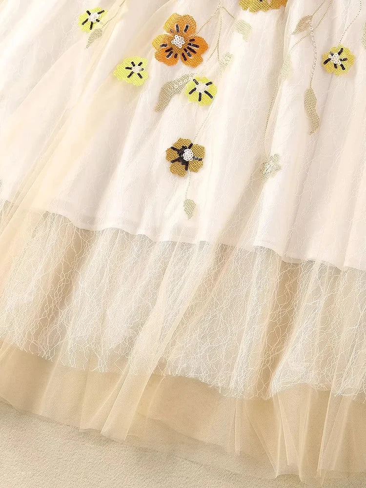 Flower Gold Thread Embroidery Dress