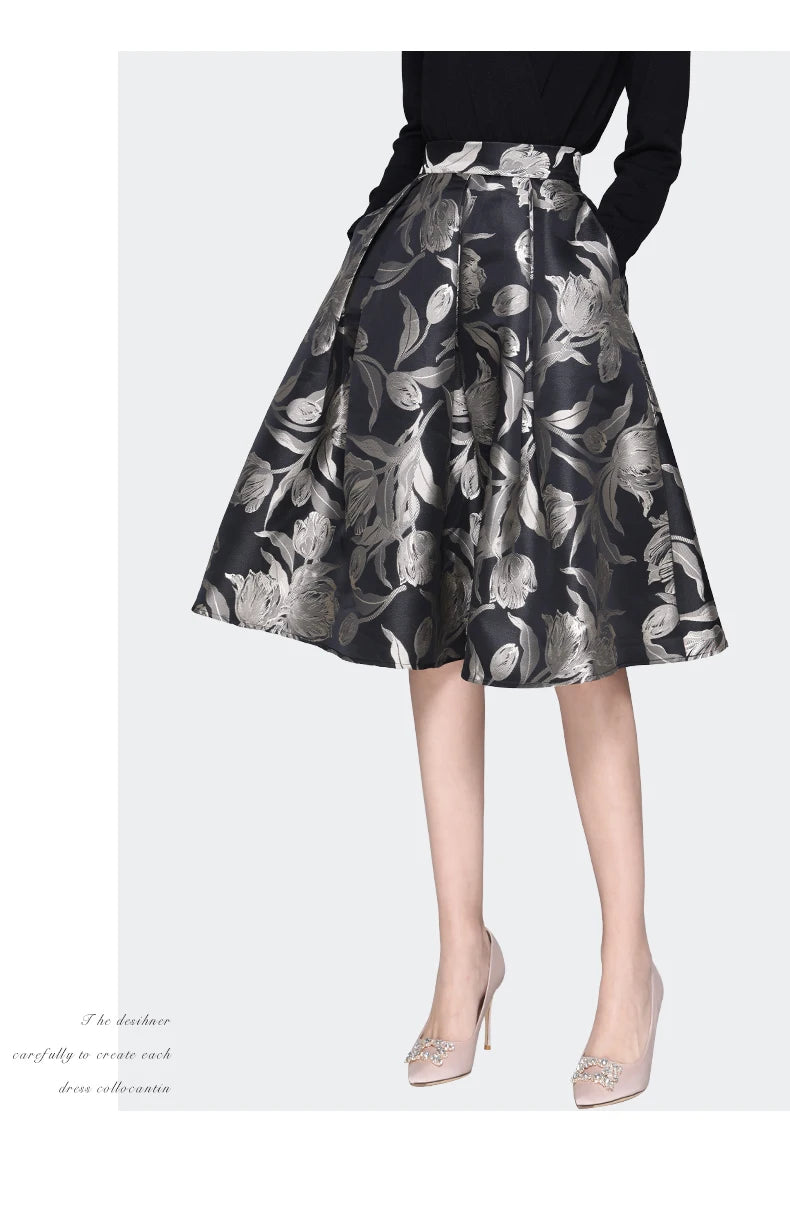 Classic Grey Floral Mid-Length Skirt