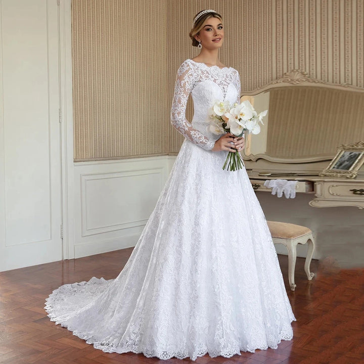 Effective Illusion Boat Neck Wedding Dress