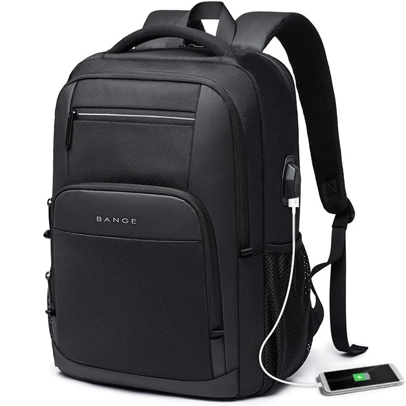 Black waterproof backpack with front pocket, mesh side panel, and USB charging cable