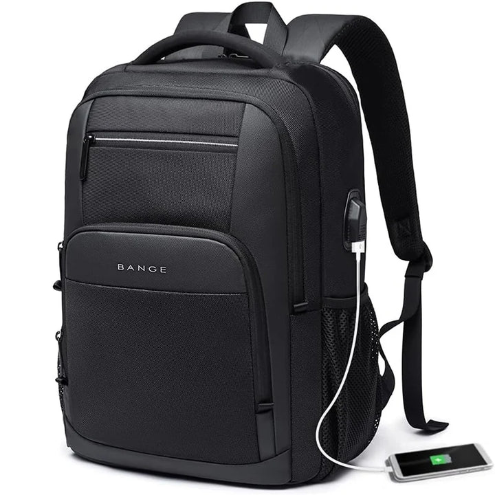 Black waterproof backpack with front pocket, mesh side panel, and USB charging cable