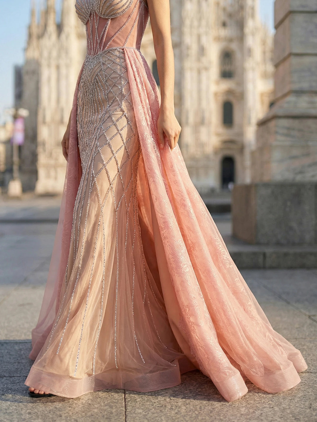 Glamorous Beaded Cape Gala Dress