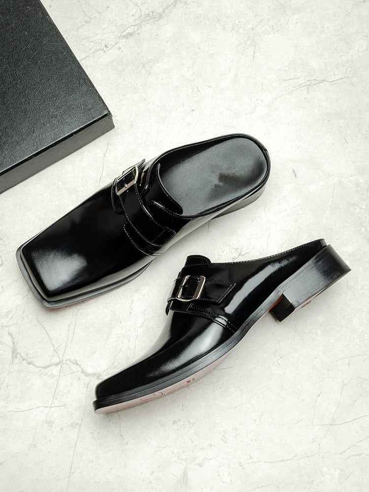 Shining Leather Square Toe Mules