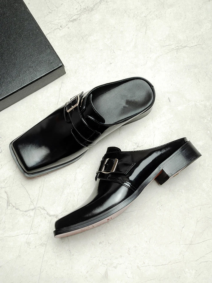 Shining Leather Square Toe Mules