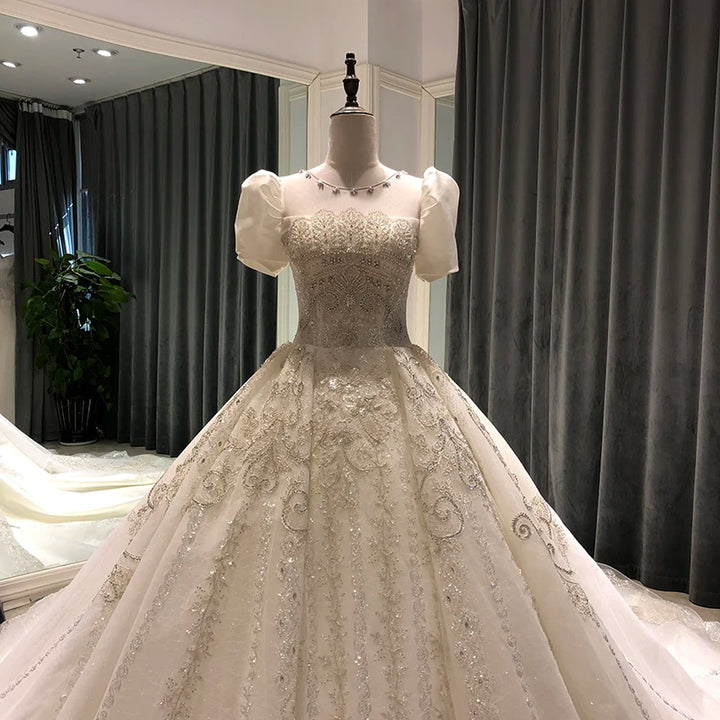 Puff Sleeves Embroidered Royal Train Bridal Dress