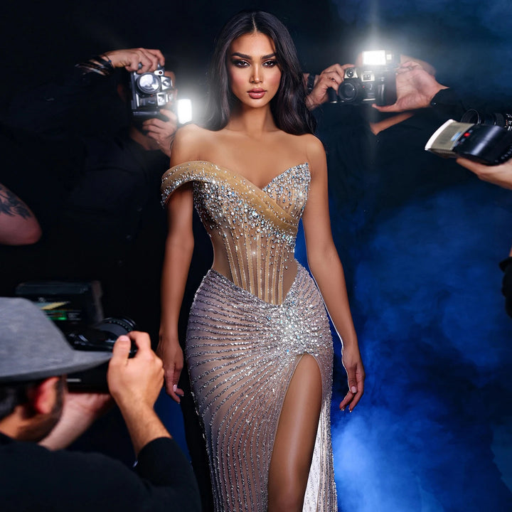 Luxury Crystal High Slit Prom Party Gown