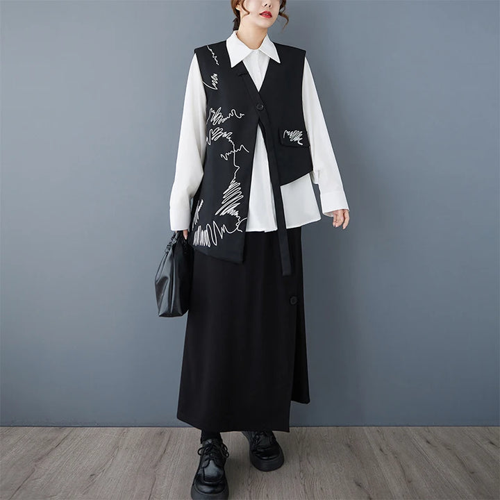 Black sleeveless V-neck waistcoat with button front and white scribble embroidery