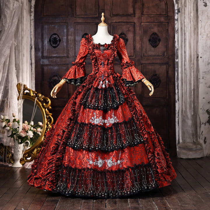 Wine red and black tiered ball gown with ruffled sleeves and layered skirt