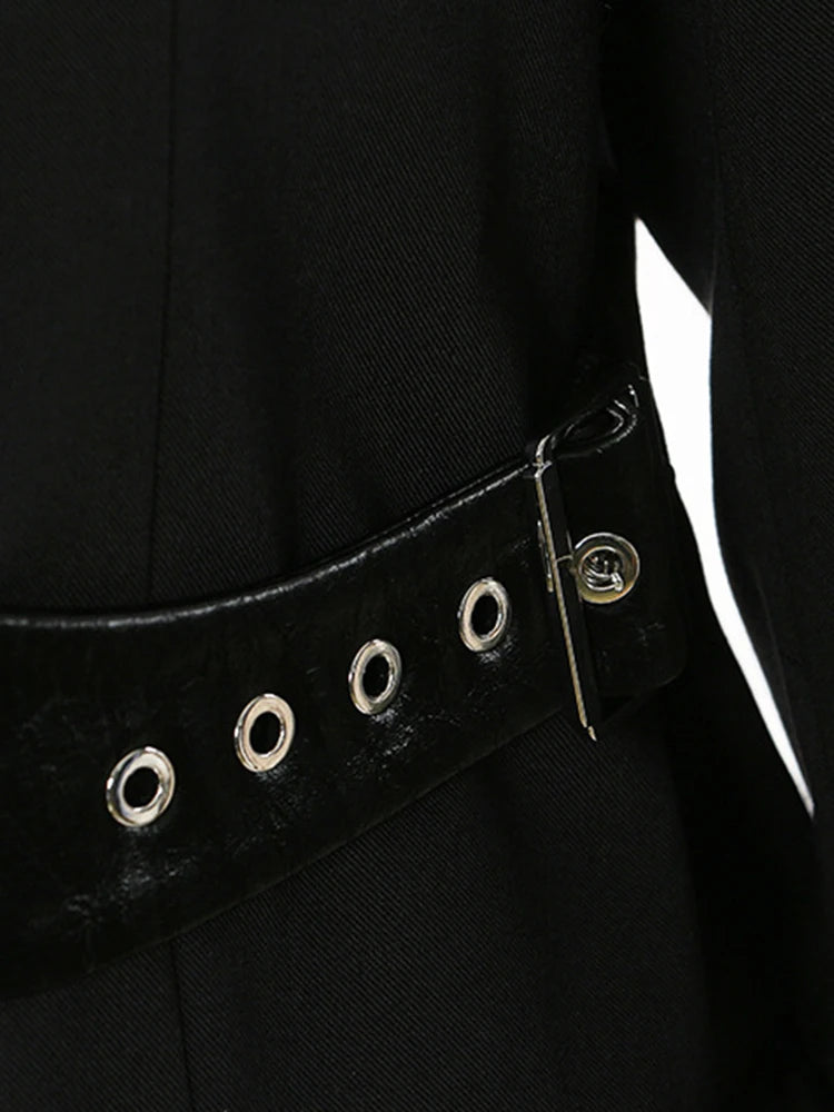 Black faux leather blazer waist strap with metal grommets and eyelets