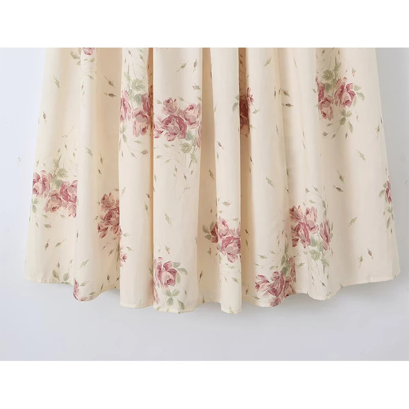Cream maxi dress skirt with pink rose floral print and gathered pleats