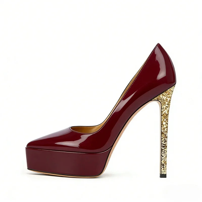 Burgundy patent leather platform stiletto pumps with gold sequin heel, angled view