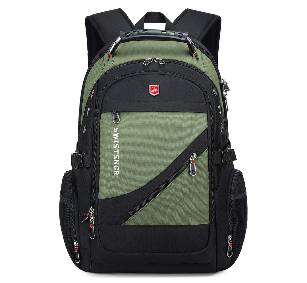 17-inch waterproof laptop backpack with olive green front panel and diagonal zipper pocket