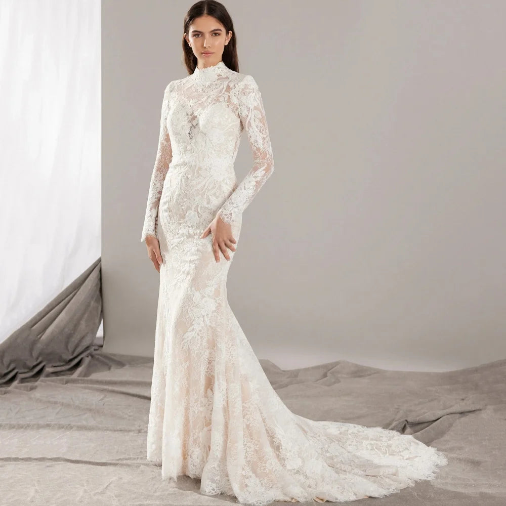 Luxury High Neck Lace Accents Wedding Dress