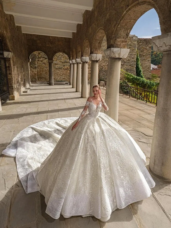 Robe de mariée vintage personnalisée, très bouffante, avec broderies, col rond, manches longues, robe de mariée