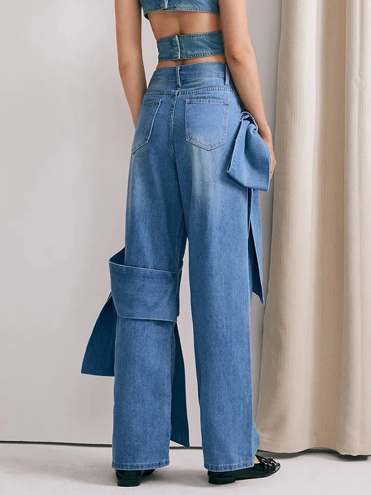 Spliced Pockets Loose Straight Denim Pants