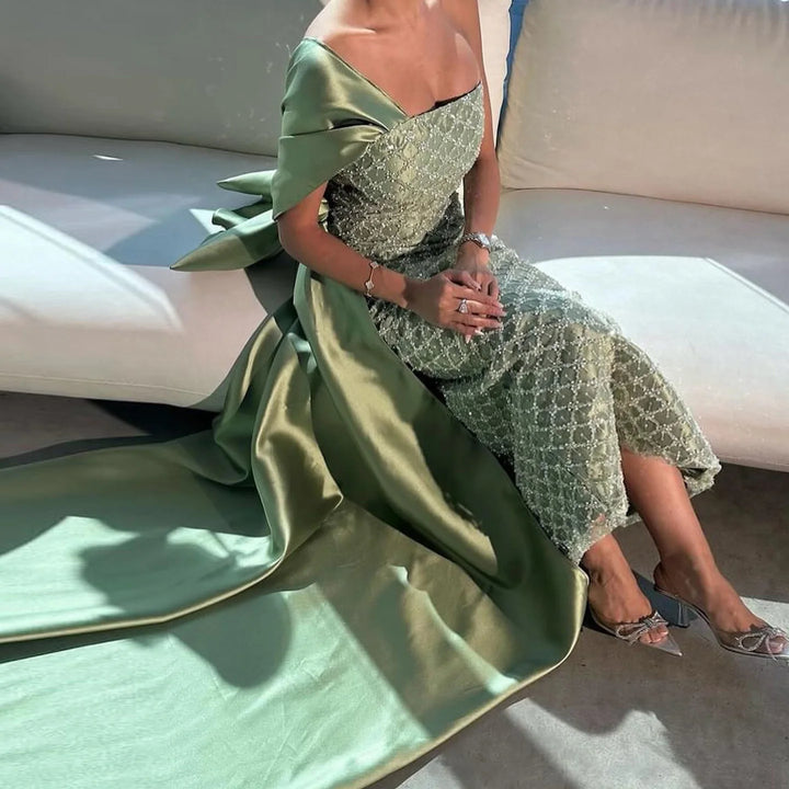 Luxury Green Beaded One Shoulder Evening Dress