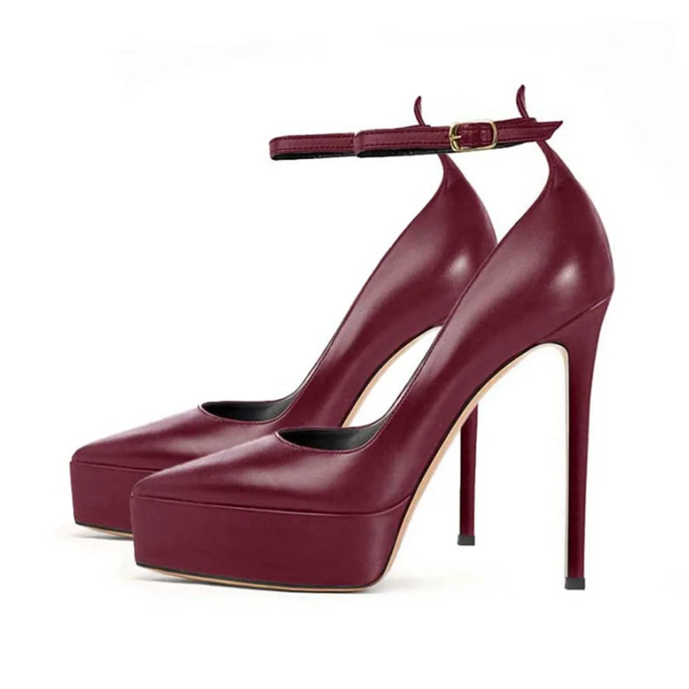 Burgundy women's high heel pumps with ankle buckle strap and platform toe