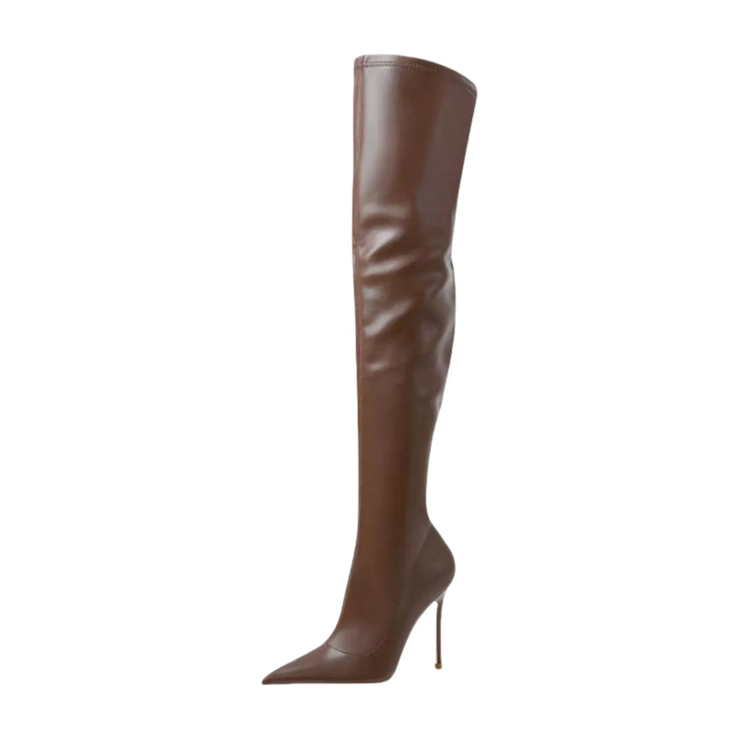 Brown knee-high stiletto heel boots with pointed toe, angled side view