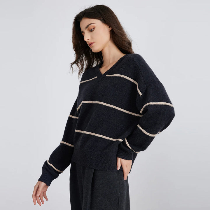 Comfortable Striped Cashmere Knit Sweater