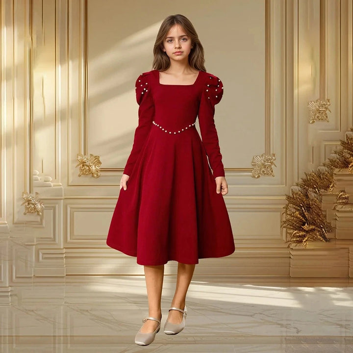 Pearl-Embellished Puff Sleeve Party Dress