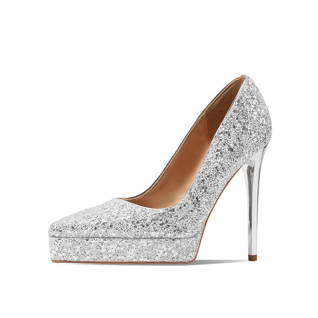 Silver glitter pointed-toe high-heel pumps with slim metal-look stiletto heel
