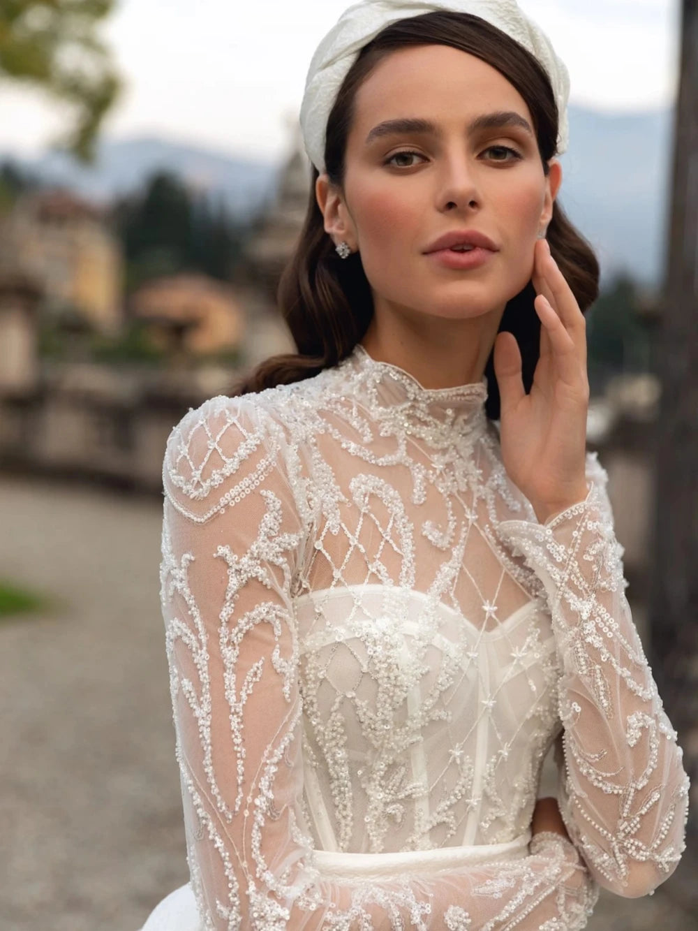 Modest Sequins High Collar Bridal Gown