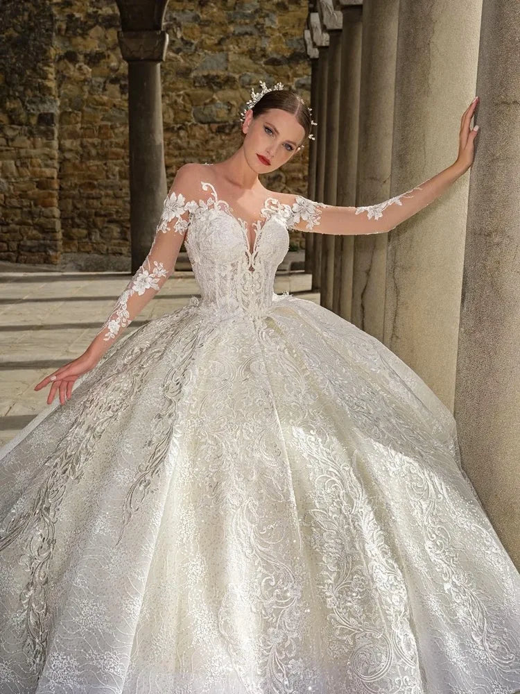 Robe de mariée vintage personnalisée, très bouffante, avec broderies, col rond, manches longues, robe de mariée