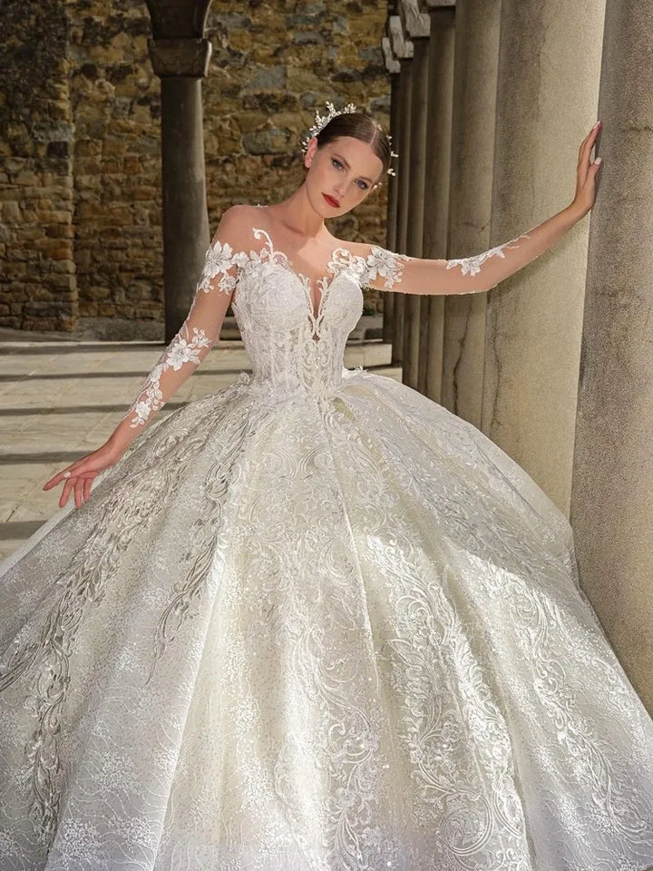 Robe de mariée vintage personnalisée, très bouffante, avec broderies, col rond, manches longues, robe de mariée