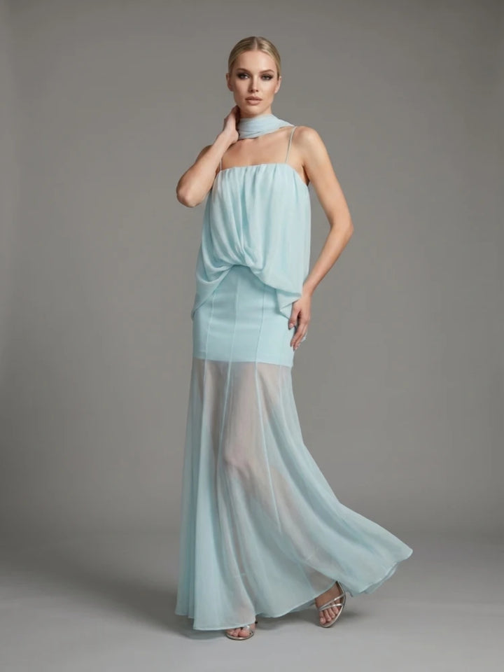 Light blue halter evening dress with ruched drape at front and chiffon maxi skirt