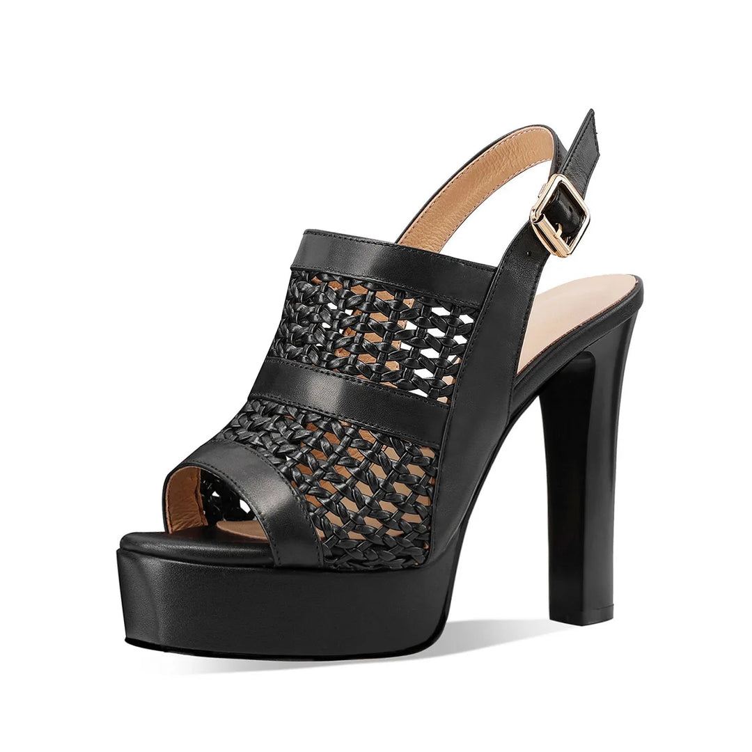 Black woven leather platform high-heel sandal with peep toe and slingback ankle strap