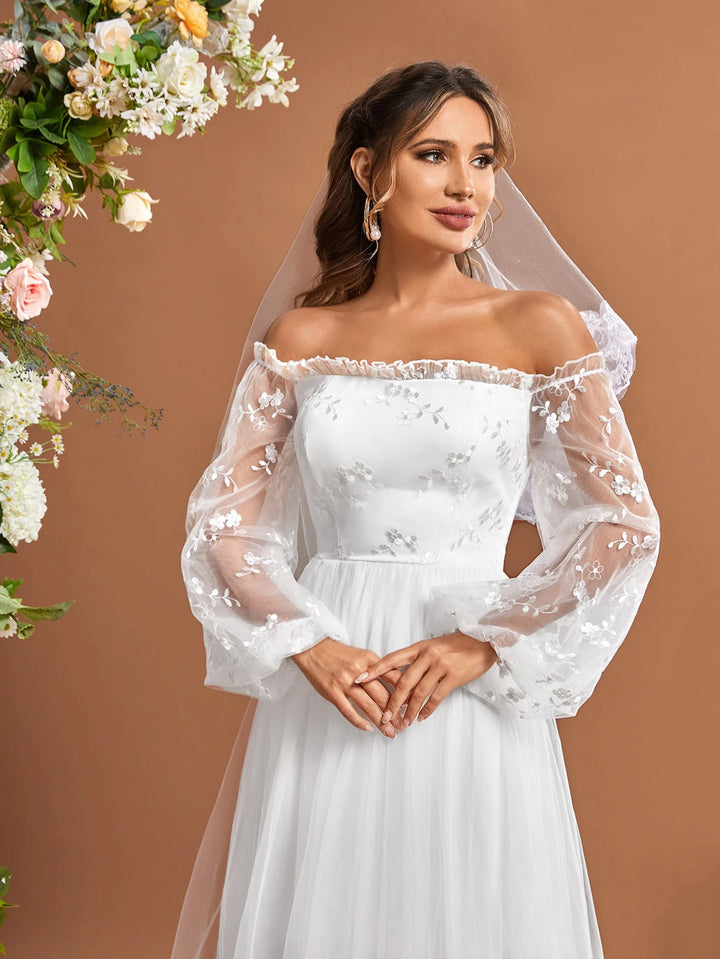 Light Mesh Sleeves Bridal Dress