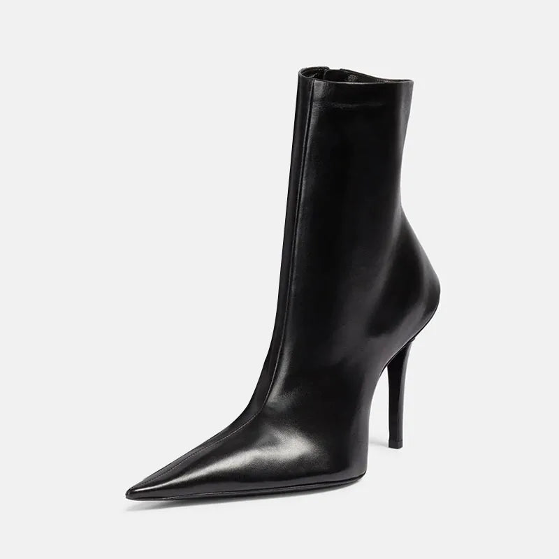 Black pointed-toe high heel ankle boot with side zipper and narrow stiletto heel