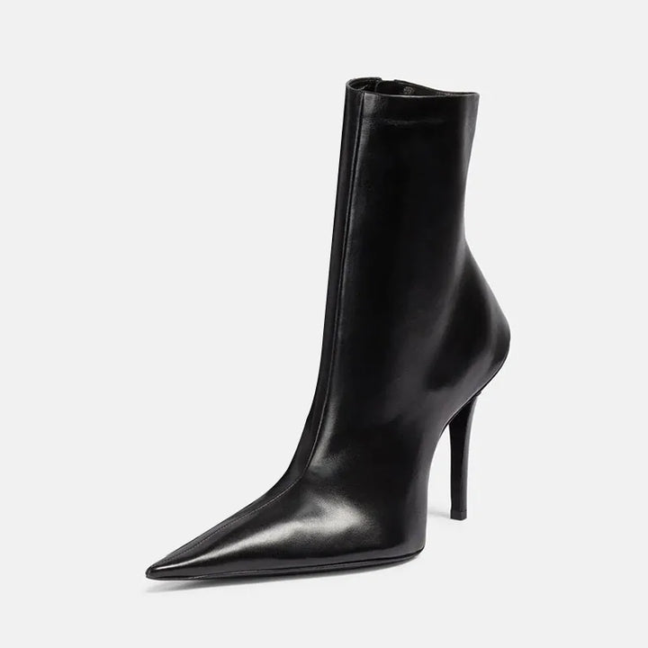 Black pointed-toe high heel ankle boot with side zipper and narrow stiletto heel