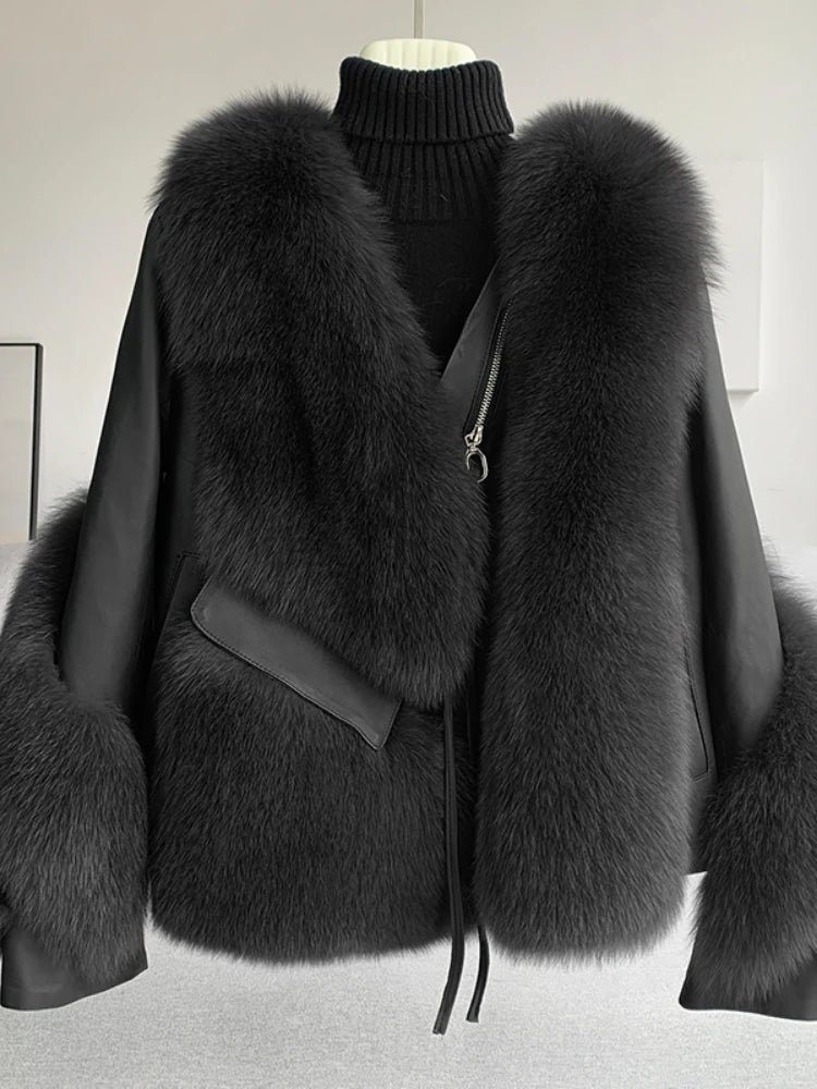 Women’s thick warm real fur coat in black with zip front, faux fur panels, and ribbed neck